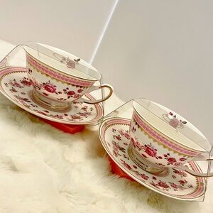 GRACE TEAWARE‎ Set of 2 Fine Porcelain Rose Rosettes Teacups and Saucers NEW